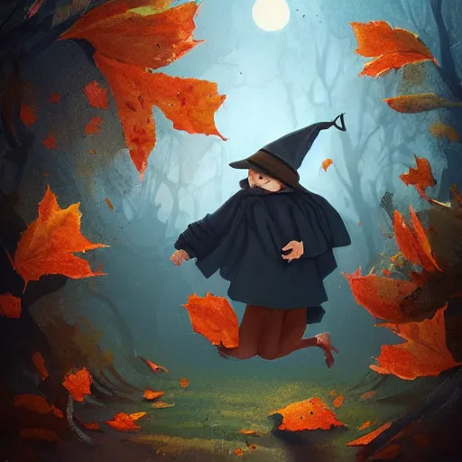 Image similar to a boy wearing a witches hat jumping into a pile of leaves on a beautiful autumn day, cute storybook illustration, trending on artstation, cgsociety, beautiful painting