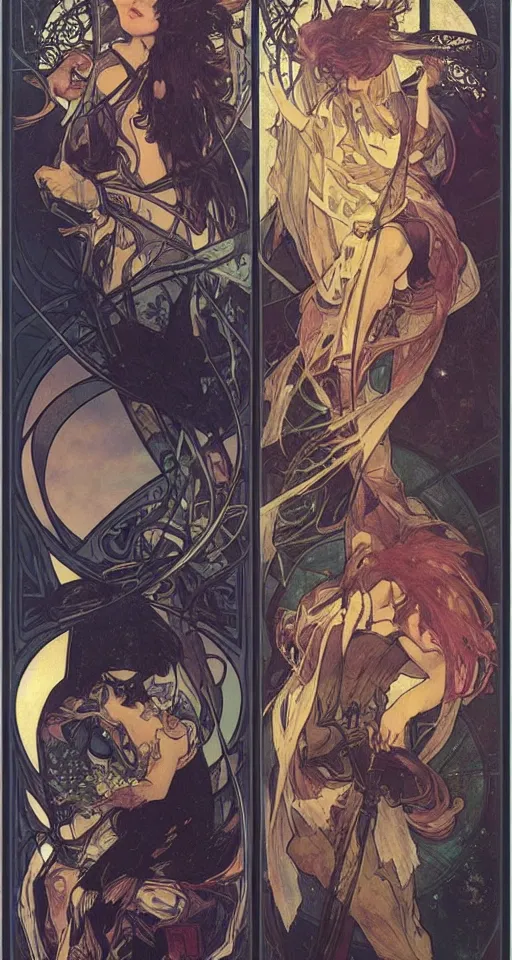 Image similar to the star tarot card with a male, the star tarot card with a male, the star tarot card with a male, elegant, dramatic lighting, graphic art, volumetric lighting, by Krenz Cushart and Artem Demura and Alphonse Mucha