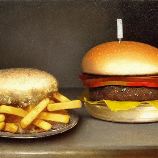 Prompt: Closeup of a Hamburger, french fries and a milkshake on a table, oil painting by Rembrandt van Rijn