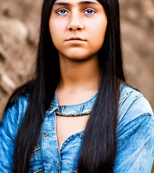 Image similar to professional, incredibly detailed headshot of a native american cherokee teenage girl with dark hair, beautiful eyes, a rebellious look, choppy hair, symmetrical features, realistic 8 k professional photography, midday lighting, defiant, octane, volumetric lighting, 7 0 mm, beautiful