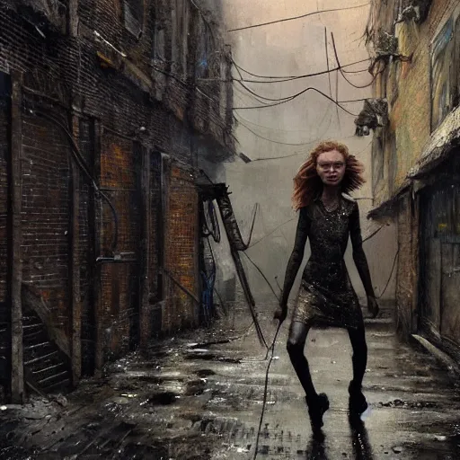 Image similar to close view of sadie sink. runs desperately | a mechanical monstrosity runs toward sadie sink | background : alleyway near decaying tenements. concept art for scifi dystopian film. by nikolay makovsky, bob byerley, wadim kashin, andrea kowch. cinematic moody atmosphere, detailed and intricate, perfect anatomy