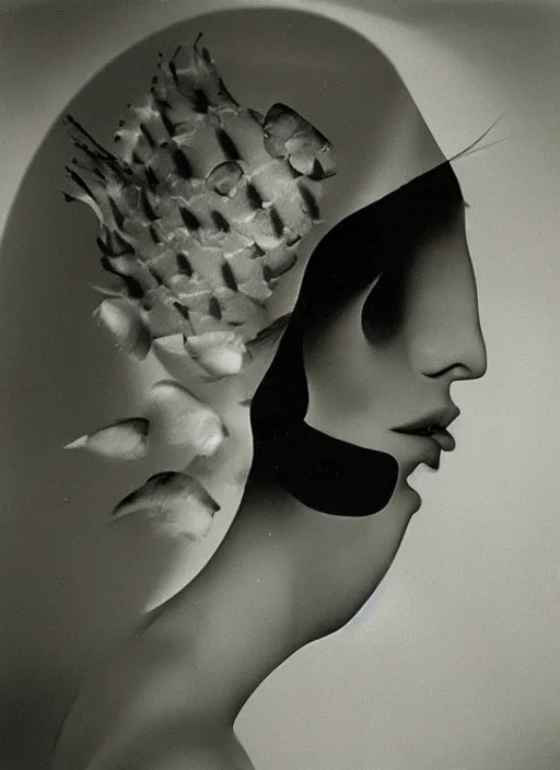 Image similar to female head made of tropical fish, surreal photography by Man Ray