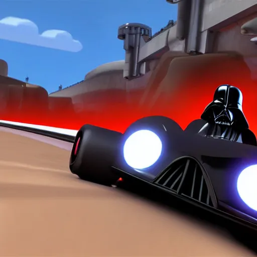 Prompt: still image of darth vader driving in mario kart tour deluxe race, unreal engine, octane