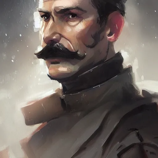 Image similar to portrait of a man by greg rutkowski, british features, short black hair in military style, moustache, tall, star wars expanded, universe, he is about 5 0 years old, wearing imperial captain uniform, artstation hq