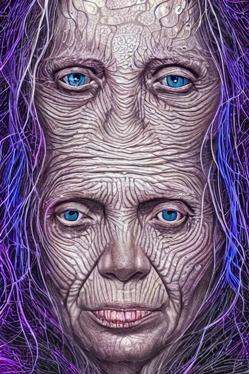 Image similar to dark underwater portrait of one Bioluminescent old woman, with cracked reaction diffusion semi-transparent skin. multicolored fish scales, face closeup. long intricate dark hair. good face proportions. with many jellyfishes. very high detail, illustration, by alex grey and Ilya Kuvshinov