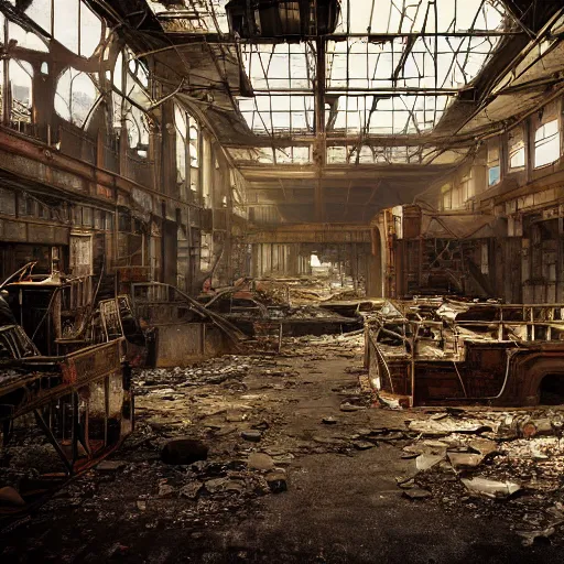 Image similar to fallout 5, indoors dilapidated partially ruined factory interior, rusted machinery, atmospheric lighting, painted, intricate, volumetric lighting, beautiful, daytime, sunny weather, slight overcast, golden hour, sharp focus, deep colours, ultra detailed, by leesha hannigan, ross tran, thierry doizon, kai carpenter, ignacio fernandez rios