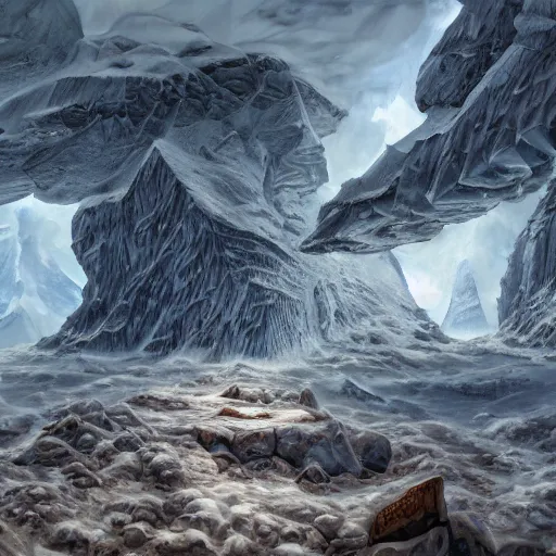 Image similar to menacing absence pathfinder Antarctica glacial cult incomprehensible topology ambience, realistic fantasy, oil painting, extremely high detail, photorealistic, cinematic lighting, oil painting, intricate line drawings, 4k resolution