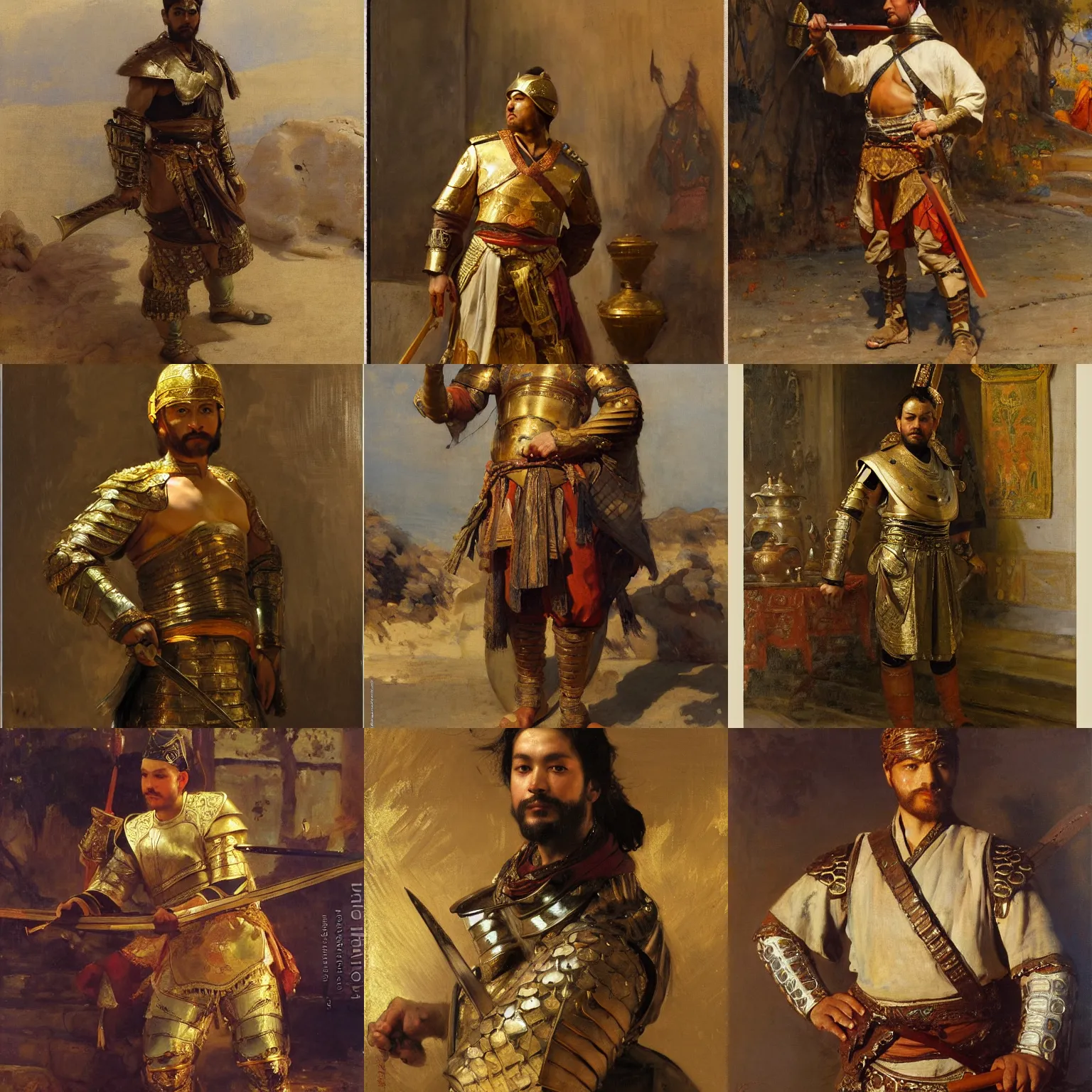 Prompt: orientalism painting of a swordsman wearing bronze scaled armor by theodore ralli and nasreddine dinet and anders zorn and nikolay makovsky and edwin longsden long, oil on canvas, masterful intricate artwork, excellent lighting, high detail 8 k