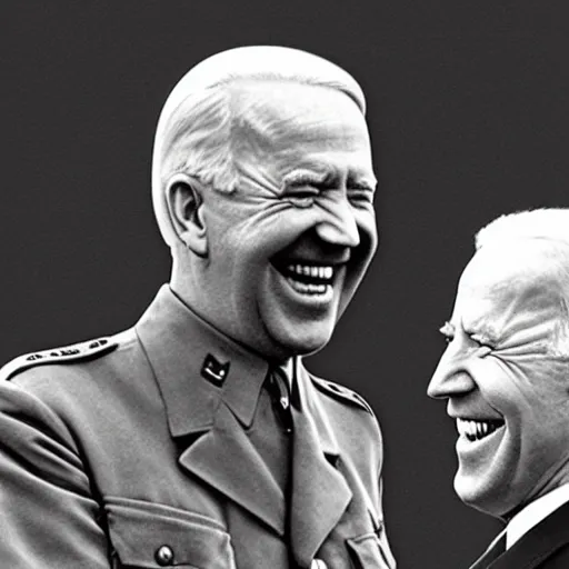 Image similar to “Very photorealistic photo of Hitler and Joe Biden laughing together, award-winning details”