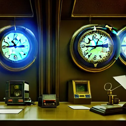 Image similar to clocks in the main office of the time saving bank, cyber punk, retro machinery, futuristic hi-tech details, art by anthony macbain + greg rutkowski + jean giraud, concept art, 4k, sharp focus, cinematic render unreal engine