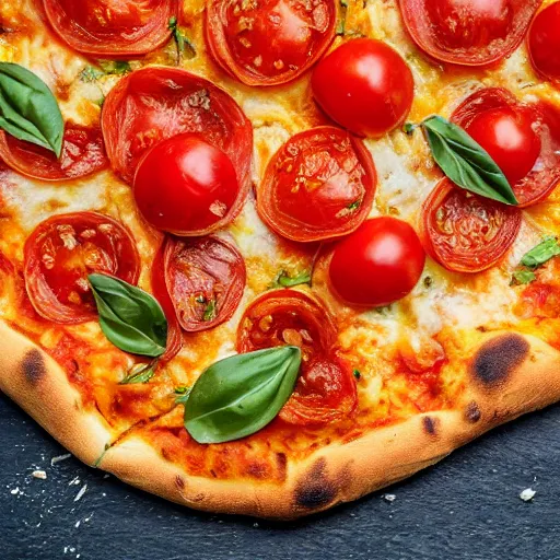 Image similar to Proper Italian pizza with tangerines and tomatoes, morning hard light, professional food photography, 80mm, top down