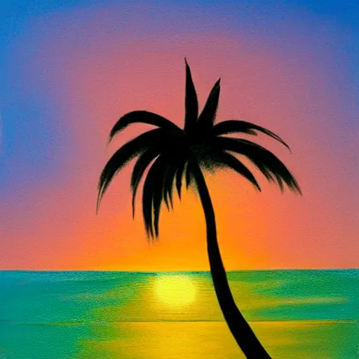 Image similar to oil painting of a palm tree silhouette against a pastel sunset