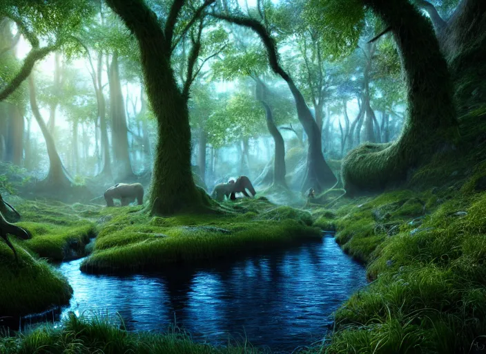 Image similar to hyperrealism, detailed textures, photorealistic, 3 d render, a surreal mystical forest with a bright blue winding creek with a herd of wooly mammoths grazing, ultra realistic cinematic, intricate, cinematic light, concept art, illustration, art station, unreal engine