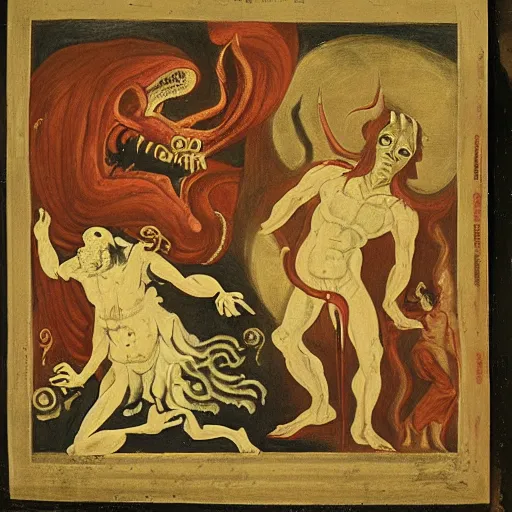 Image similar to a horror vacui depicting birth death God and the devil,