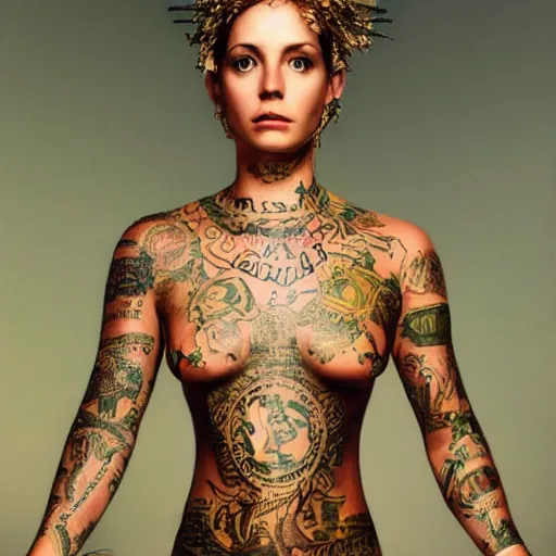 Image similar to A perfect female goddess stands for a waist up portrait with her body sightly wrapped in thin gold wire creatively arranged so as to look like tattoos, hyper photo realistic 8K HD HDRI, photo by Annie Leibovitz.