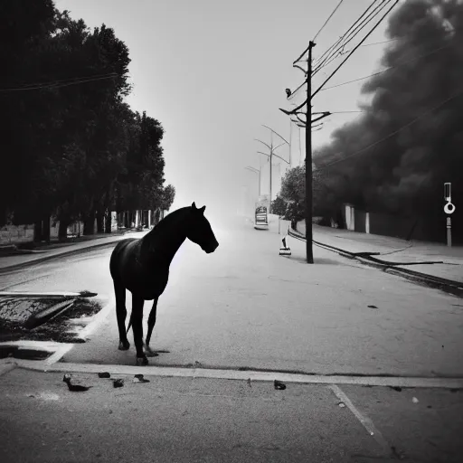 Image similar to a wandering horse left on the street, dark smoke in the background, filthy streets, broken cars. Vines growing. Jpeg artifacts. Trending on flickr. Samyang/Rokinon Xeen 50mm T1.5