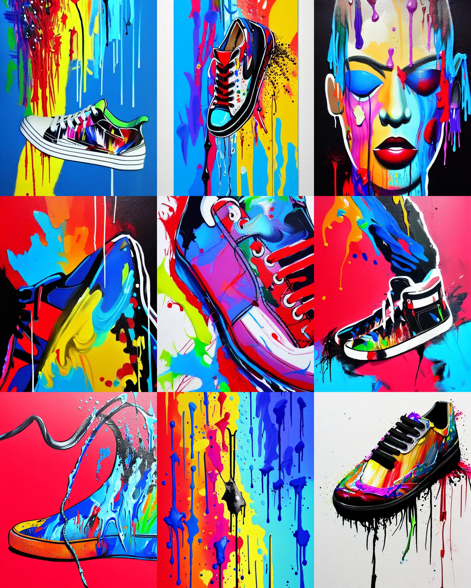 Prompt: sneakers, drip painting, splash painting, highly detailed, simple, no jagged lines, smooth, artstation, centered artwork by dface