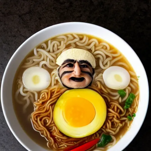 Prompt: danny devito face in a bowl of ramen