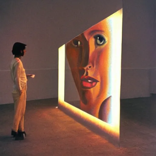 Image similar to by martin kippenberger casual light, 1 9 7 0 s era. a beautiful art installation of a person in profile, with their features appearing both in front of & behind their head.