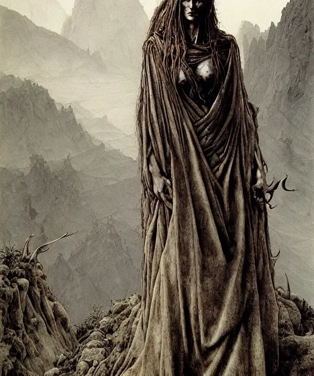 Image similar to A detailed horned goatwoman stands among the hills. Wearing a ripped mantle, robe. Perfect faces, extremely high details, realistic, fantasy art, solo, masterpiece, art by Zdzisław Beksiński, Arthur Rackham, Dariusz Zawadzki