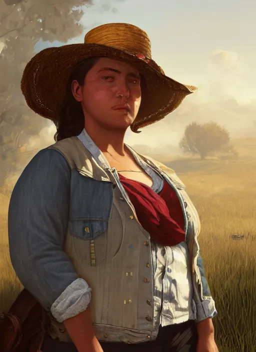 Prompt: highly detailed portrait of chubby woman wearing a white wide brim straw hat and a denim jacket, determined. red dead redemption art, unreal engine, fantasy art by greg rutkowski