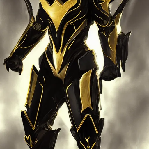 Image similar to black and gold warframe armor cinematic detailed photorealistic digital artwork digital painting