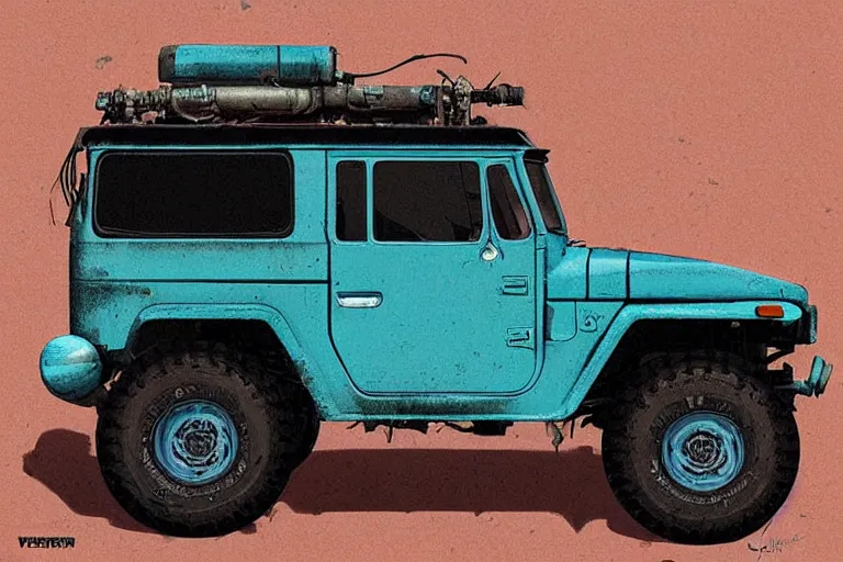 Image similar to digital illustration of a faded cyan mad max's fj 4 0 decrepit!!!! pursuit special, rusty!!! nissan fj cruiser heavily modded 1 9 9 0 s, the last v 8 interceptor by makoto shinkai, ilya kuvshinov, lois van baarle, rossdraws, basquiat