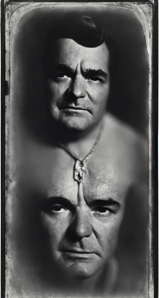 Prompt: a wet plate photograph, a portrait of Jim Jones