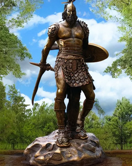 Image similar to a huge bronze statue of a spartanburg warrior holding his spear and shield, god of war, fantasy landscape, photorealistic, atmospheric