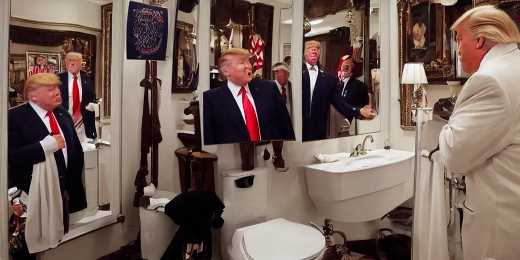 Image similar to ultra wide angle photo of donald trump looking at himself in a bathroom mirror and seeing his reflection dressed as willy wonka and is surrounded by dwarf donald trump like oompa loompas