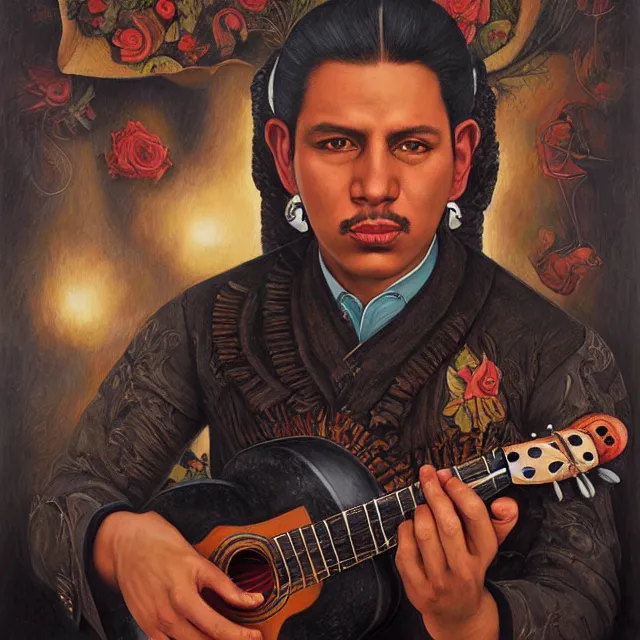 Image similar to portrait of a mexican mariachi musician, art by tom bagshaw and manuel sanjulian and diego rivera