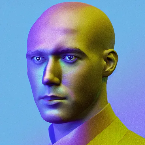 Prompt: a man's head is shown with a purple background, an album cover by beeple, cgsociety, cubo - futurism, darksynth, parallax, rendered in cinema 4 d,