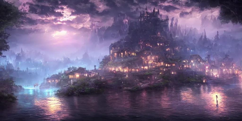 Image similar to beautiful and immersive magical town, magical buildings, bioluminescent forest surrounding, gentle rivers flowing through town, visual novel key visual, award - winning digital art on pixiv, trending on artstation - cinematic lighting, dramatic lighting, stunning and beautiful view - highly detailed, hyperrealistic, unreal engine 5, in the style of kingdom hearts