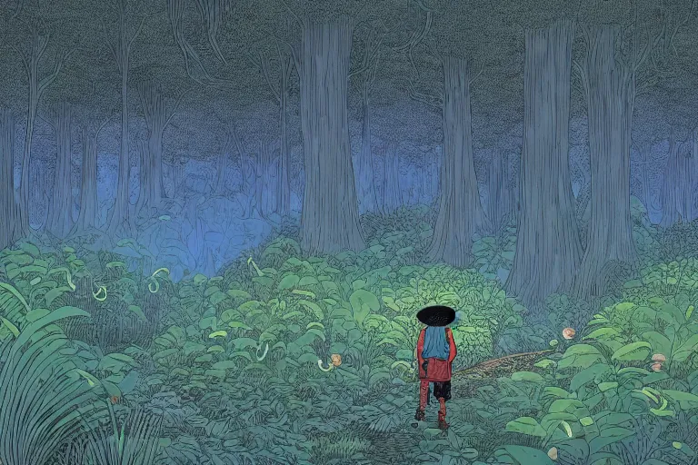 Prompt: a young boy with a hat entering a huge mysterious and fantasy forest with a distant clearing, large openpath, mushrooms, large trees, lush exotic vegetation, large rocks, glowing light, large bugs and fireflies, very graphic illustration by jean giraud and victo ngai, ultradetailed, clean line, color comics style, dynamic lighting, night