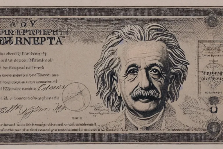 Image similar to an engraved portrait of albert einstein with equations of theory of relativity, detailed!!! copper - plate engraving in the style of money bills, fine!!! lines, engraved by alfred sealey, bureau of engraving and printing