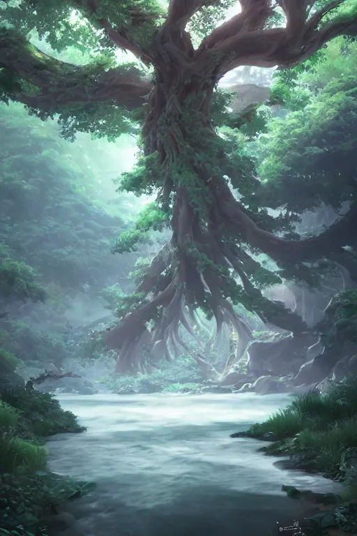 Image similar to ethereal river flowing through a giant ancient tree, serene evening atmosphere, soft lens, soft light, cel - shading, animation, in the style of cgsociety, deviantart, artstation, zbrush, cinema 4 d, studio ghibli, akihiko yoshida, atelier lulua, masamune shirow