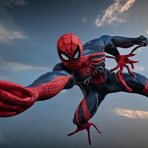 Image similar to a single venom and spider - man hybrid, dslr, cinematic, volumetric lighting, 8 k resolution, photorealistic