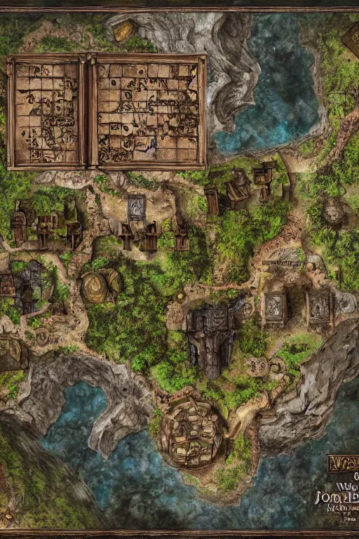 Prompt: a D&D fantasy tabletop game dungeon map with rooms, barracks, halls, with connecting caverns where at the end an ominous waterfall and pool reside, high quality, hd, realistic painting, by WOTC, Roll20, Wonderdraft, Inkarnate, Craig Mullins, Alan Lee, John Howe, trending on artstation