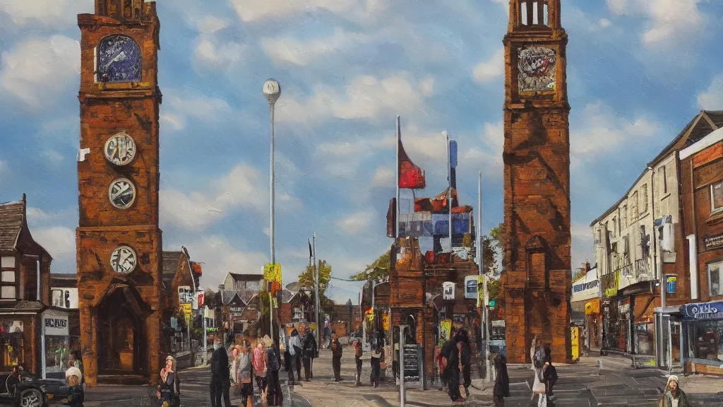 Prompt: Royton town centre clock tower in Oldham, highly detailed oil painting, epic fantasy art, abstraction, masterpeice, 8k