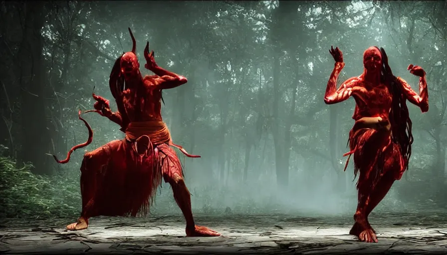 Prompt: screen shot of baraka, ambient lighting, cinematic, epic, demonic dance, chanting, forest