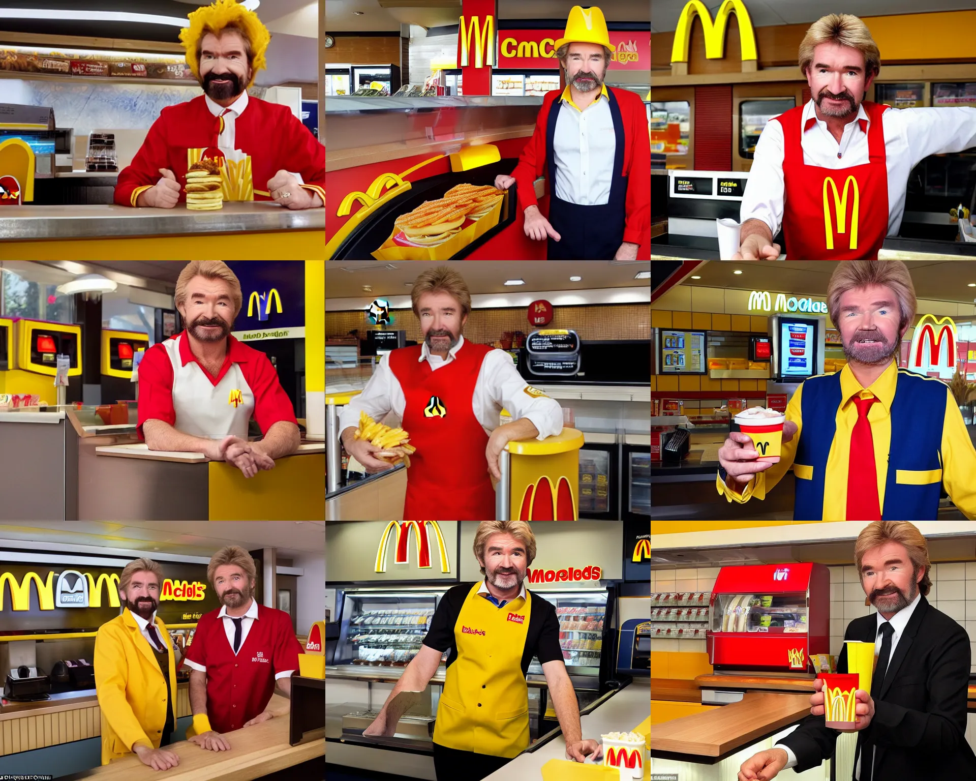Prompt: noel edmonds wearing mcdonalds brown uniform, behind the counter at mcdonalds asking if you want fries with that