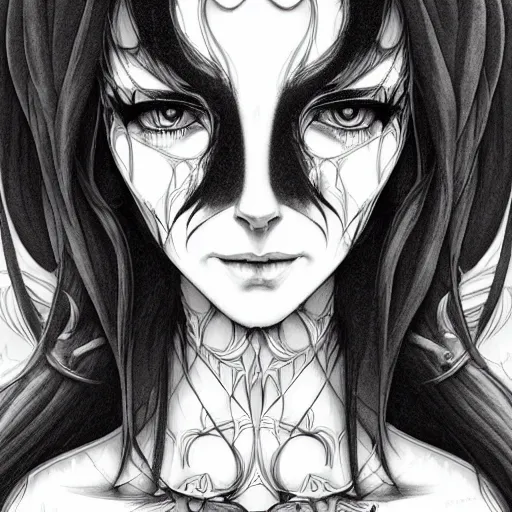 Prompt: demonic consort, heroine, beautiful, detailed symmetrical close - up portrait, intricate complexity, in the style of artgerm and kazuki tanahashi, cel - shaded