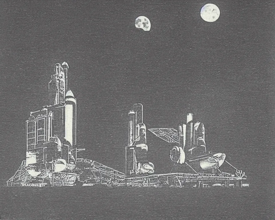 Prompt: achingly beautiful print of a singular Space Shuttle on the crawler-transporter, bathed in moonlight, by Hasui Kawase and Lyonel Feininger.