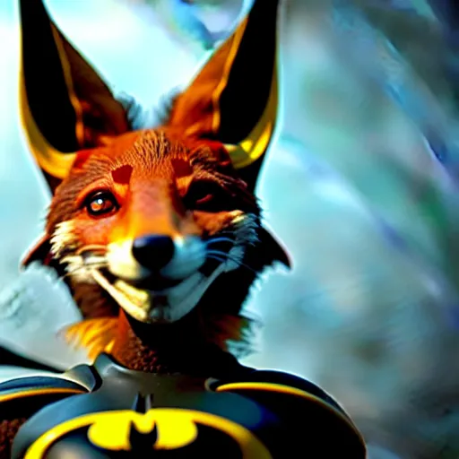 Image similar to weta disney pixar movie still macro close photo of cute anthropomorphic vulpes vulpes fulva wearing batman costume : : by weta, greg rutkowski, wlop, ilya kuvshinov, rossdraws, artgerm, octane render, iridescent, bright morning, anime, liosh, mucha : :