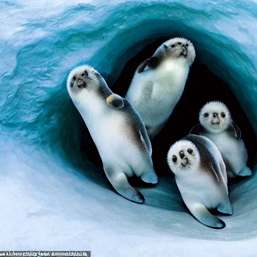 Image similar to a cave painting of three baby harp seals playing, National Geographic photo