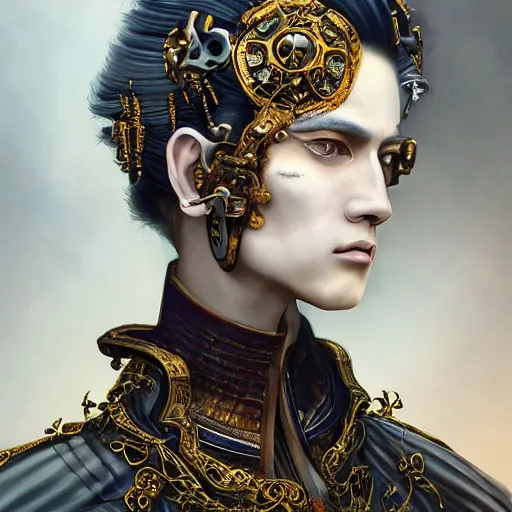 Prompt: portrait, headshot, insanely nice professional hair style, dramatic hair color, incredibly beautiful and detailed eyes, digital painting, of a old 17th century, old cyborg merchant, amber jewels, Chinese Three Kingdoms, baroque, ornate clothing, scifi, realistic, hyperdetailed, chiaroscuro, concept art, art by Franz Hals and Jon Foster and Ayami Kojima and Amano and Karol Bak,