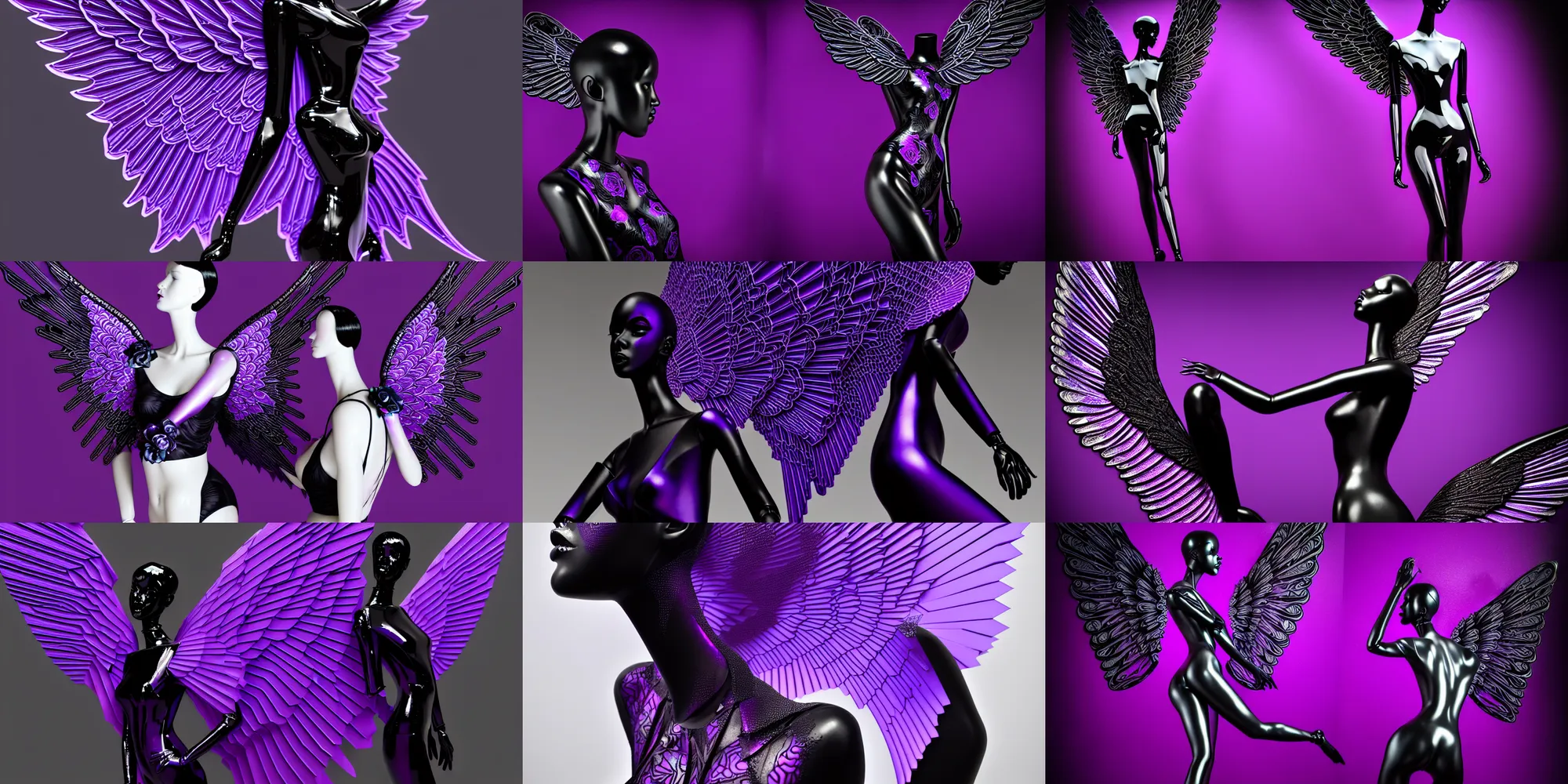 Prompt: a beautiful purple and black 3 d geometrically printed mannequin with angel wings!! in the style of james jean, chrome roses!!!! dripping black iridescent liquid, confident, moody, dramatic, introspective, 4 k, trending on artstation, photorealistic, volumetric lighting, octane render, tarot card with ornate border frame h - 1 0 2 4