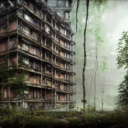 Prompt: a beautiful ultradetailed render of city building unfinished building urbex industrial architecture dormitory by antoine predock, wilderness mars steampunk reclaimed by nature forest tundra rainforest postcyberpunk myst, archdaily, wallpaper, highly detailed, trending on artstation.