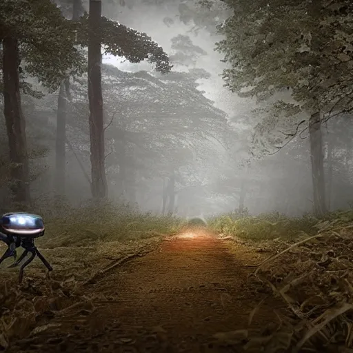 Prompt: drone footage of soldier against huge alien arachnoid bug from starship troopers movie on the old road in the forest lomography photo, playstation 5 screenshot, fine details, rain, rtx reflections, fog, night, photorealistic, unreal engine, octane render, volumetric light, featured on cg society, 4 k, 5 0 mm bokeh
