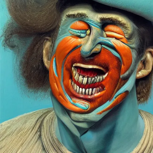 Prompt: high quality high detail painting of a man with large teeth by lucian freud and zdzisław beksinski and francis bacon, hd, smiling man, turquoise and orange